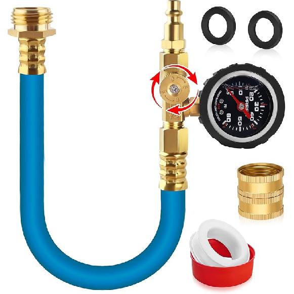 Boltigen Upgraded RV Winterizing Kit, 17'' RV Winterizing Hose With Oil Pressure Gauge & Control Valve, Air Compressor Sprinkler Blowout Adapter Kit,