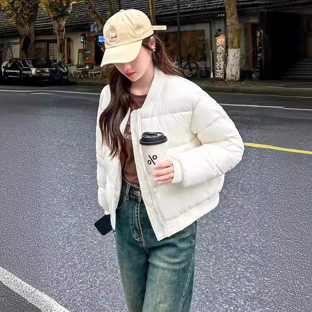 Women Short Medium Length Down Jacket Winter Warm Stand Collar Solid Color Casual Outerwear Coat