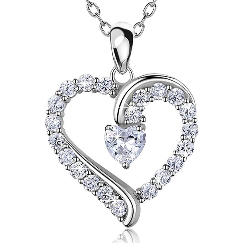 Nested Double Hollow Heart Full Paved Stone Center Heart Cut Zircon Pendant Women Clavicle Necklace