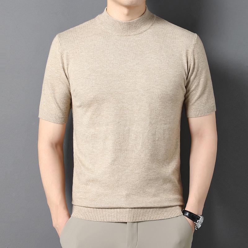 Men's Short-Sleeve Knit Sweater with Half-High Collar - Lightweight Pullover for Middle-Aged and Young Men