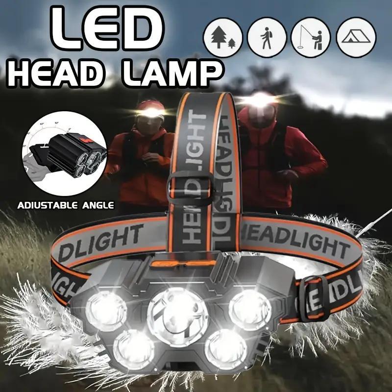 High Brightness 5LED Headlamp Waterproof USB Rechargeable Head Torch for Outdoor Adventure, Night Work, Fishing, Climbing Light