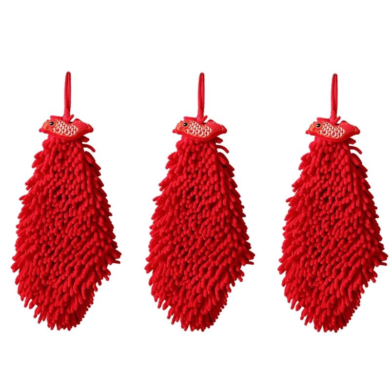 3Pcs Cartoon Red Chenille Hand Towel Hanging Soft Towels for Kitchen Bathroom Quick Dry Handkerchief Home Cleaning Towel