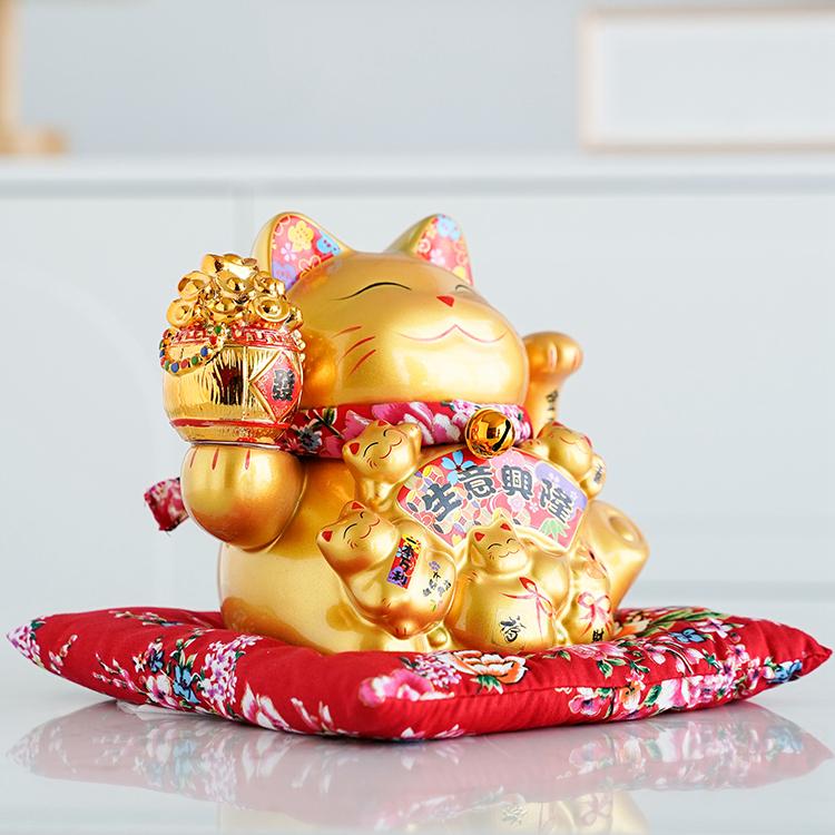 7,5 Zoll Keramik Maneki Neko Ornament Gold Porzellan Glückskatze Chinesische Feng Shui Dekoration Winkende Katze Winkender Arm