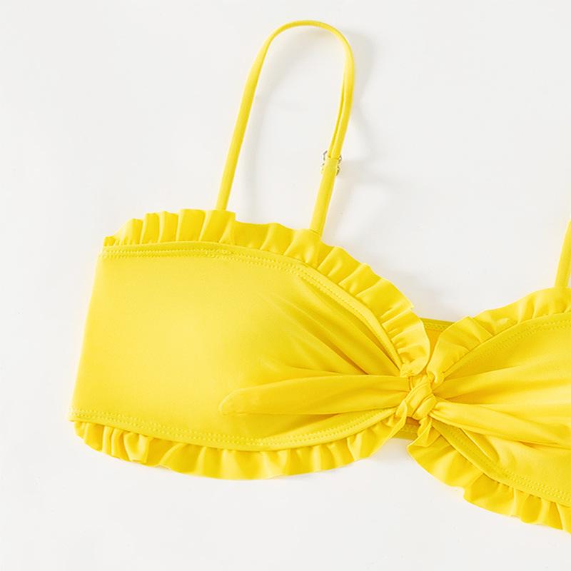 2025 Girls' Solid Color Flounce Bikini Set with Mesh Skirt