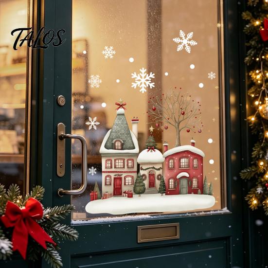 Decorative PVC Stickers Christmas Static Window Clings, Snowy Town House Snowflake Glass Decals, Reusable Winter Wonderland Film Xmas Stickers,