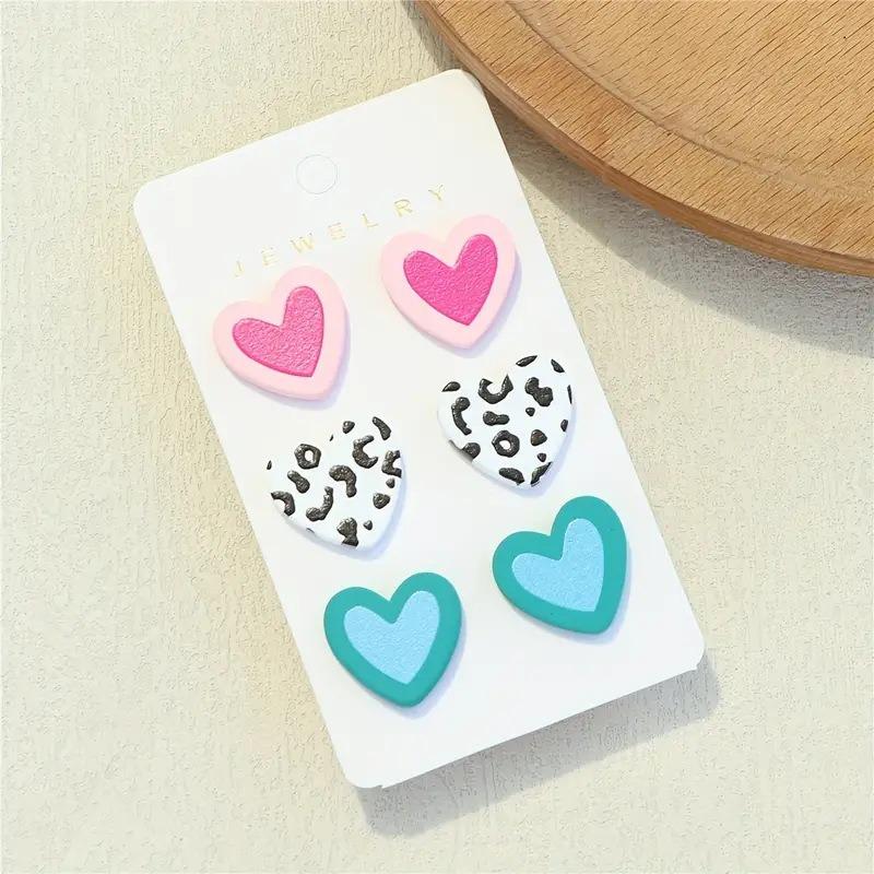 

3 Pairs Color Block Leopard Print Heart Acrylic Stud Earrings Set For Women 3pair