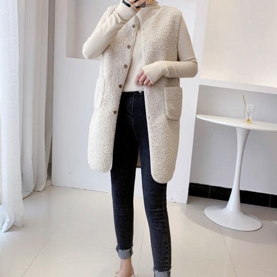 Women's  Autumn Winter Vest Coat Round Neck Loose Mid-length Sleeveless Single-breasted Pockets Cardigan Warm Thick Outerwear Vest