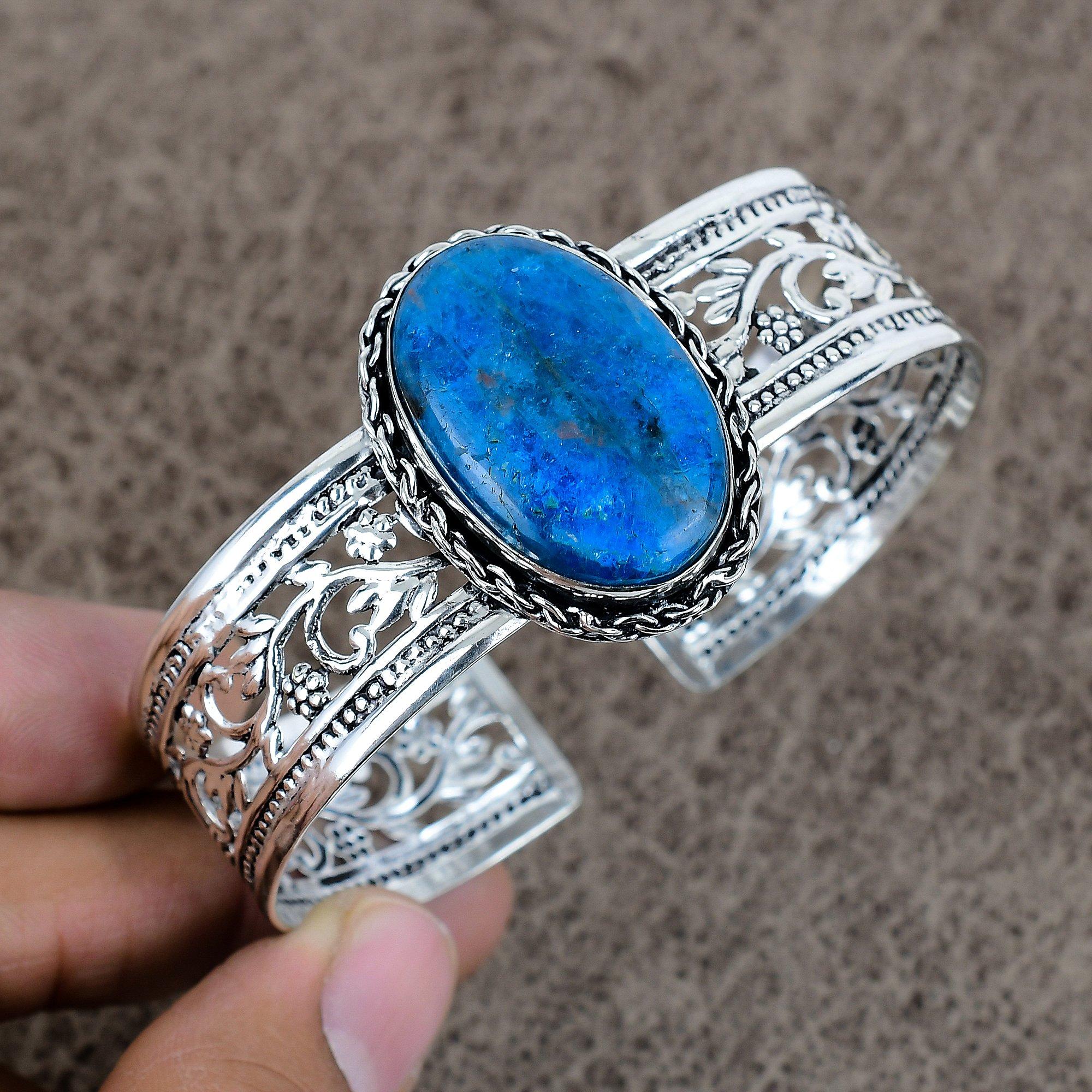 

Neon Blue Apatite Gemstone 925 Sterling Silver Cuff Bangle Adjustable KKG-230