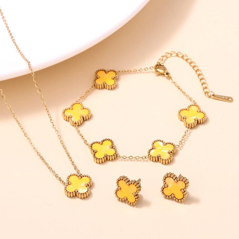 3PCS double-sided clover jewelry necklace bracelet earring set