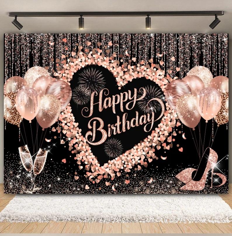 Happy Anniversary Backdrop Gold Balloon Glitter Love Heart Flower Birthday Party Bridal Shower Wedding Photography Background