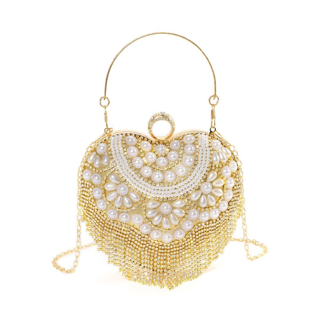 Women's Evening Bag Heart-shaped Clutch Handbag Purse Rhinestones and Pearls Beaded Lady Shoulder Bags For Wedding Party Prom