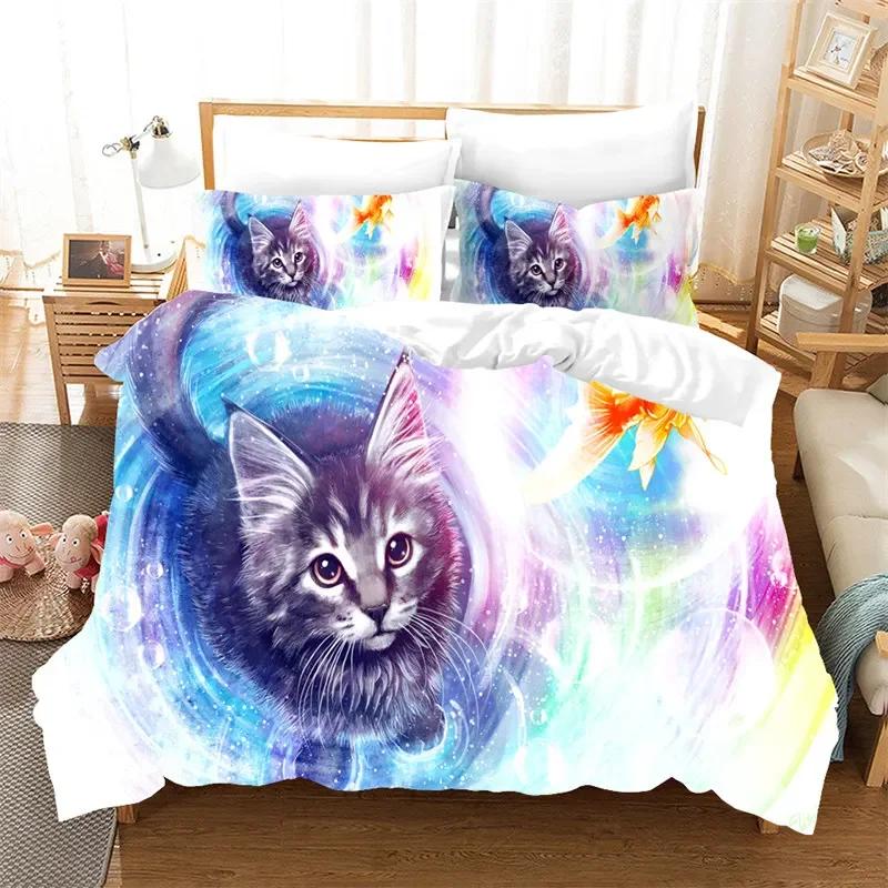 3D Cute Cat Print Bedding Set Lovely Animal Duvet Cover Set Pet Bedroom Decor Cozy Home Textile Twin Full Size For Kid Teen Girl