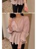 Elegant V-neck Chiffon Blouse - Women's Spring/Autumn, Waist-Slimming Tie-up, Long-Sleeve, Sweet Fairy Style