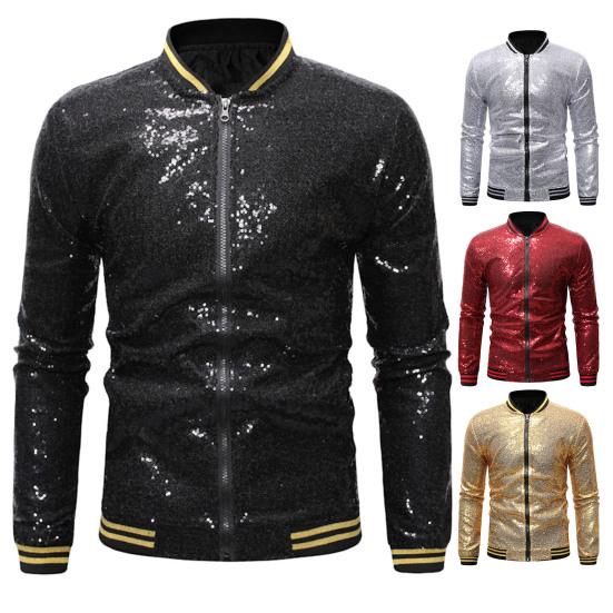 Men Sequin Jacket Stand Collar Shiny Long Sleeves Slim Fit Zipper Closure Cardigan Mid Length Stage Show Dance Performance Coat