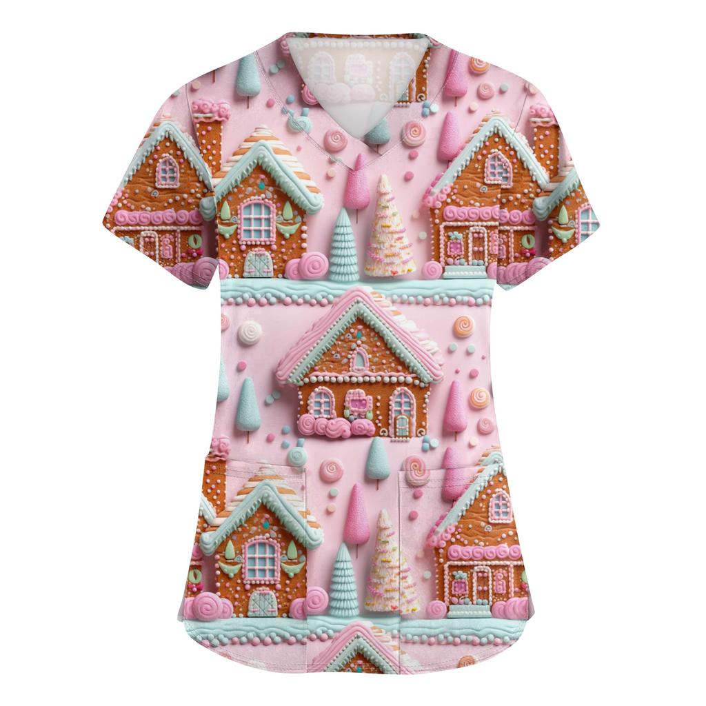 Women's V-neck Christmas Printed Short-sleeved Pocket Side-slit Protective Suit Top