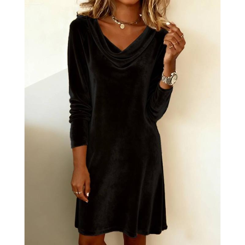 JPNTKY Fashion Autumn Winter Solid Color Print  U-Neck Long Sleeve Casual Dresses