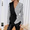 2025 Autumn Women's V-Neck Stripe Patchwork Waist-Cinching Long Sleeve Top