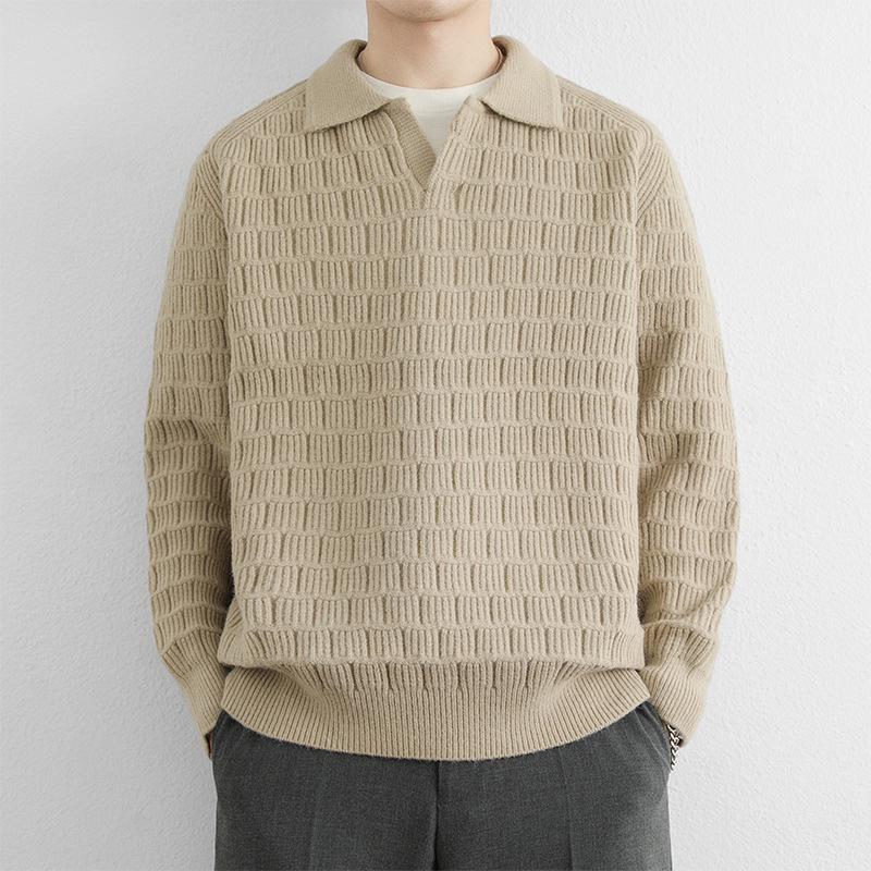 Men s Geometric Pattern Jacquard Wool Sweater - Solid Color Lapel, Autumn/Winter Collection XL хаки
