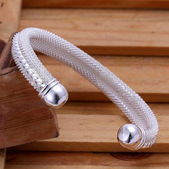 Women Casual Mesh Twisted Carving Band Silver Plated Bangle Bracelet Jewelry