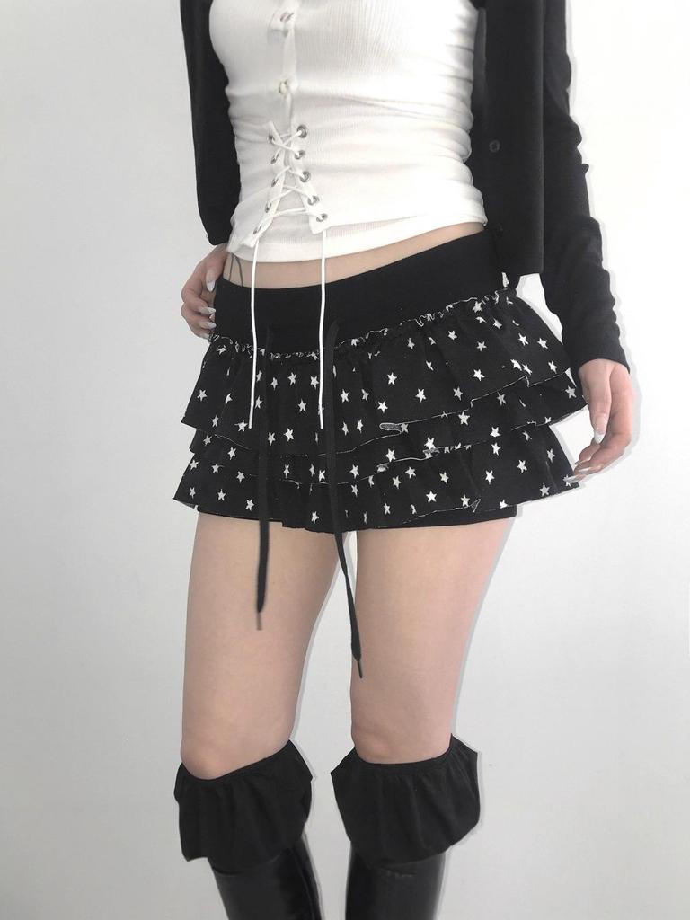 Star Print Ruffle Skirt: Elastic Waist, Layered, Sweet & Spicy Style, Spring/Autumn.