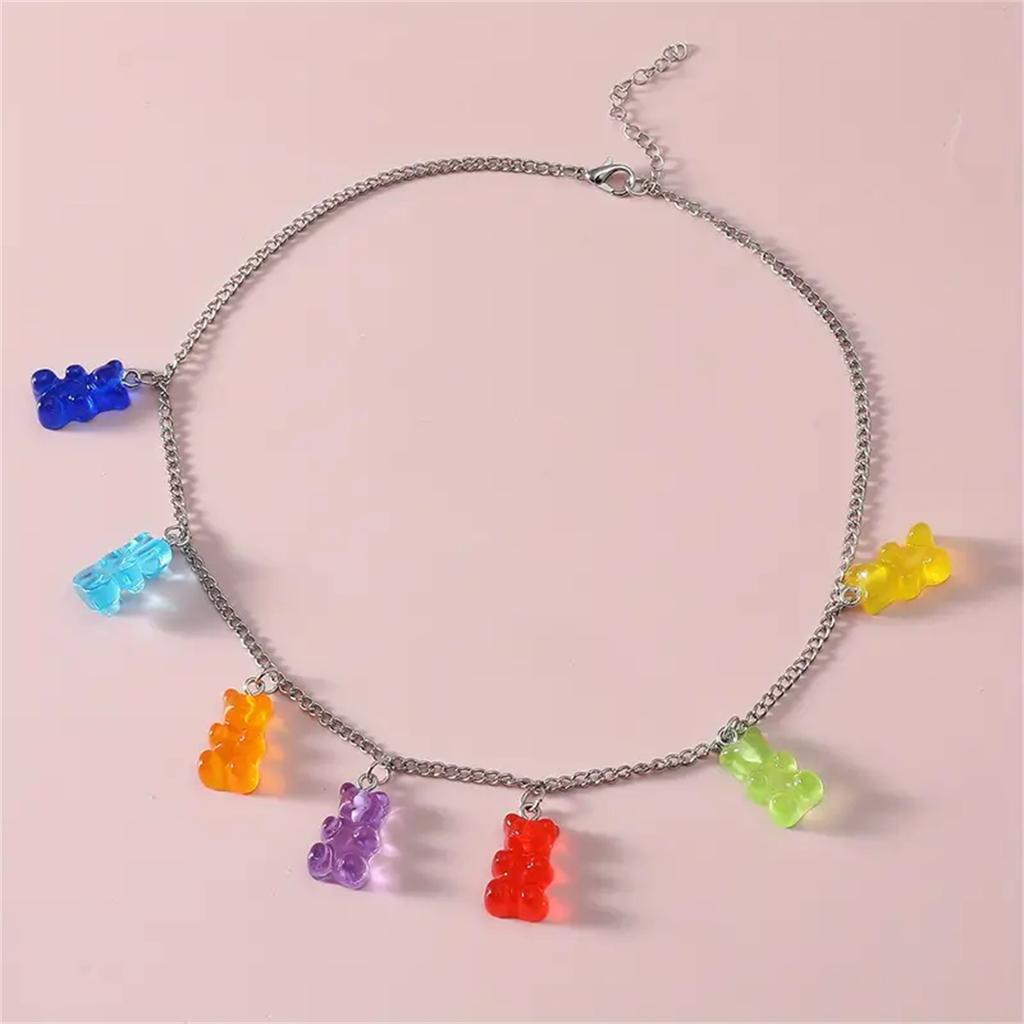 Elegant Cute Gummy Bear Charm Choker Necklace for Women Colorful Resin Teddy Pendants Jewelry for Daily and Vacation Wear All Seasons Accessory