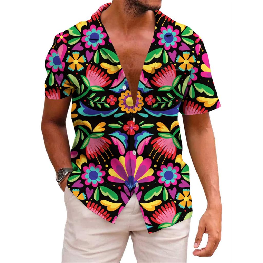 Hawaiian Mens Shirts Lapel Short-Sleeved Shirt Mexican Style Clothing Casual Loose Button-Down Shirt