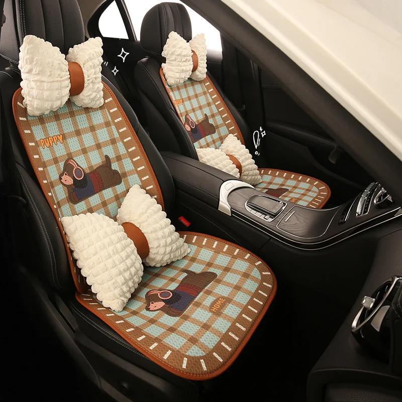 Cartoon Retro Checkered Puppy Design Universal Car Seat Cushion Four Seasons Auto Seat Covers Comfortable Soft Material