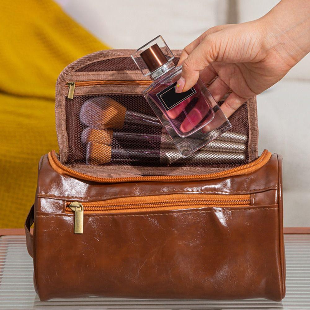 Travel PU Leather Men Toiletry Bag Vintage Luxury Zipped Cosmetic Bag Large Capacity Waterproof Wash Organizer Business