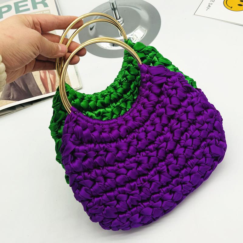 

Fashion Nylon Crochet Women Handbag Metallic Round Handle Clutch Bag Handmade Silk Ribbon Woven Bags for Women Knitting Purses