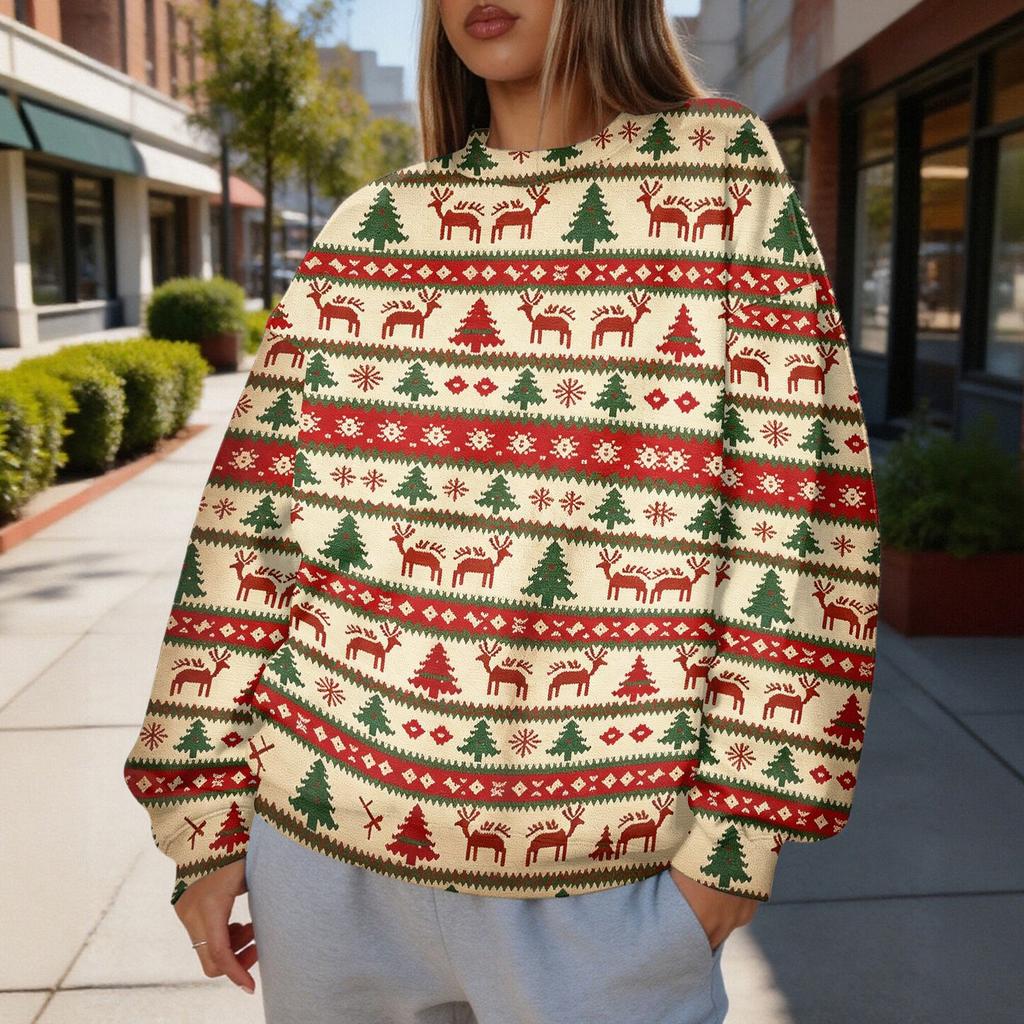 Women's Trendy Christmas Print Crewneck Sweatshirt Lightweight Casual Pullover Top
