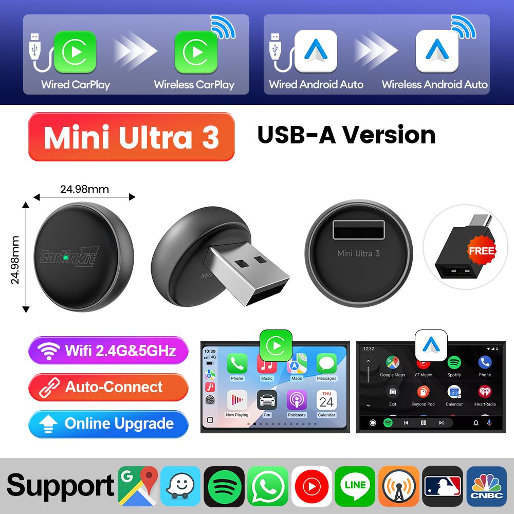 Новый CarlinKit Mini Ultra3 Беспроводной адаптер CarPlay Android Auto Беспроводной донгл 2-в-1 Беспроводной адаптер Автоматическое подключение 5,8 ГГц Wi-Fi чёрный