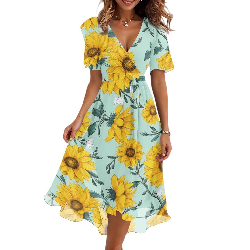 Women’s Short Sleeve V Neck Midi Dress with Sunflower Floral Print Casual Loose Fit Lightweight Summer Dress