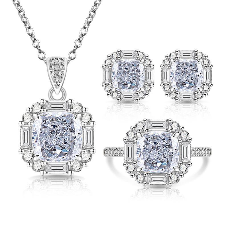 Caibao Ice Flower Cut High Carbon Diamond Sugar Cube Ring Earrings Necklace Pendant Gold Plated Set Jewelry Ring Size:Adjustable