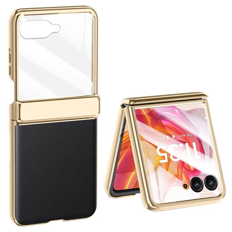 For Motorola Razr 50 Ultra 5G Case with Rear Small Screen Protector Hinge Protection Leather Back Cover Electroplated Edge