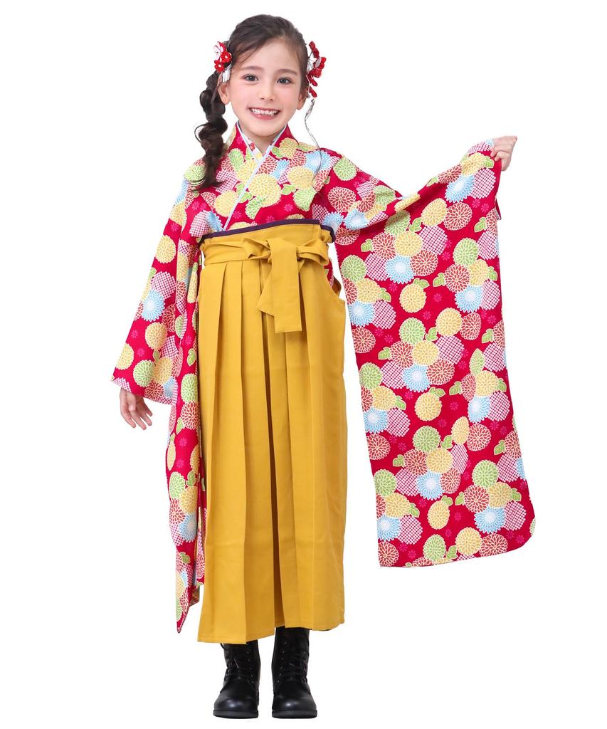 Hakama Easy To Put Simple Japanese Clothing Set Graduation Kindergarten Graduation Girls Red Chrysanthemum Round [KYOETSU] [Kyoetsu] Set, On, (kimono,