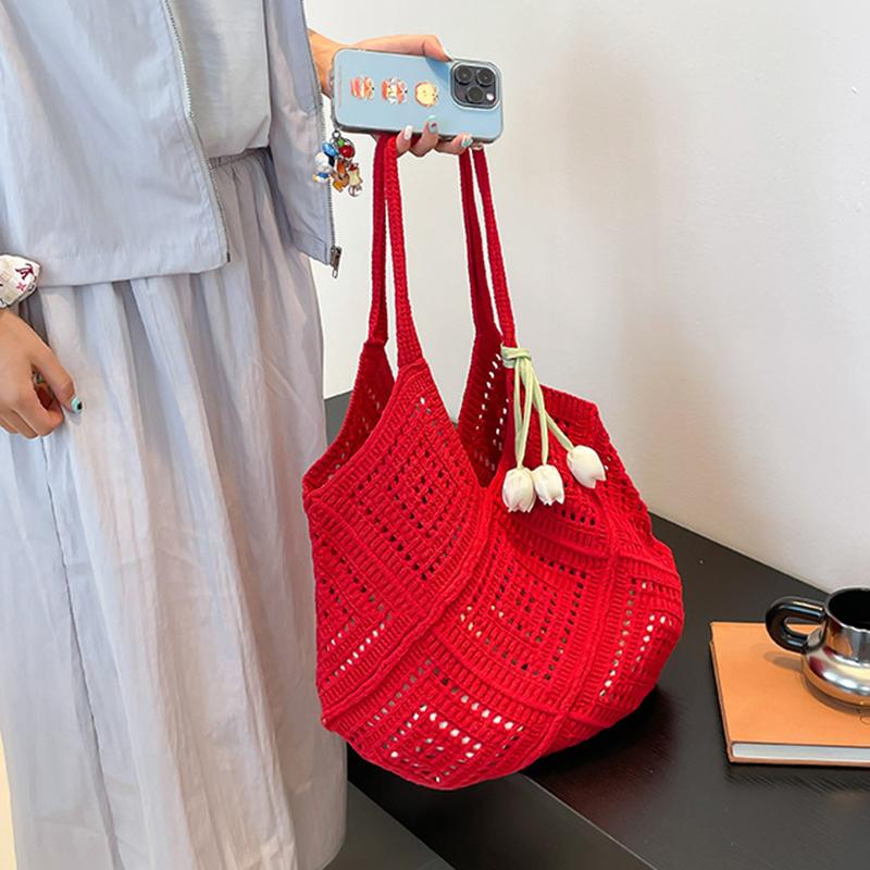 New Trend Women's Bag Crochet Handbag Retro Knitted Solid Color Hollow Top-handle Tote Bag Travel Shopper Shoulder Bag CLE