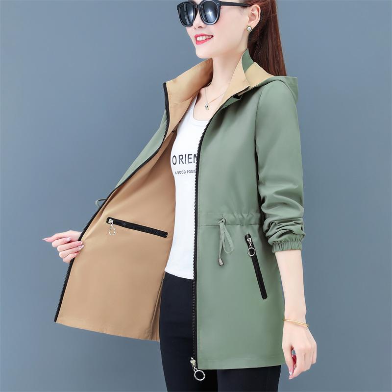 Women's Double-Sided Mid-Length Hooded Trench Coat with Detachable Elastic Waist and Zipper Pockets for Spring and Autumn