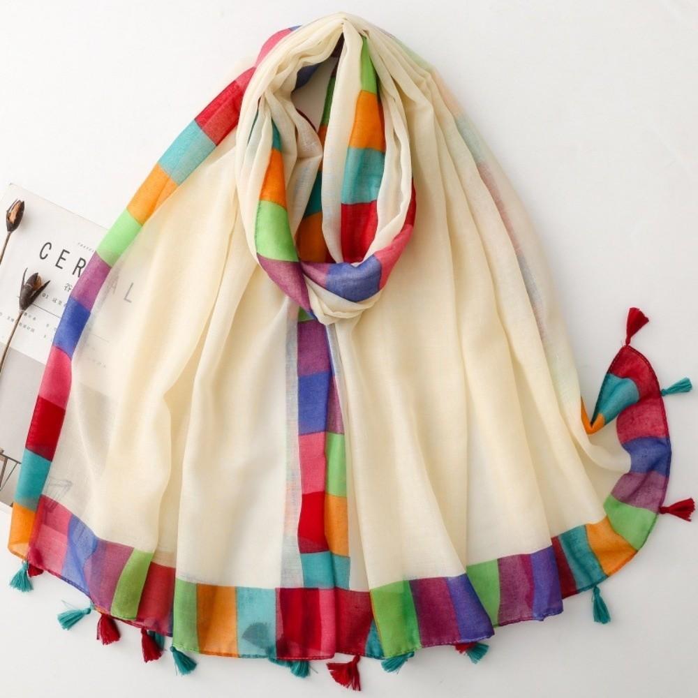 Tasseled Rainbow Border Sheer Scarf Breathable Beach Wrap  Fashion Accessories Sheer Scarf