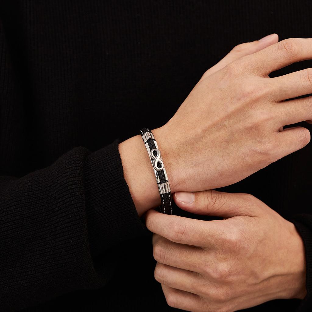 Men’s Infinity Leather Bracelet – OPK Punk Style Braided Wristband Stainless Steel