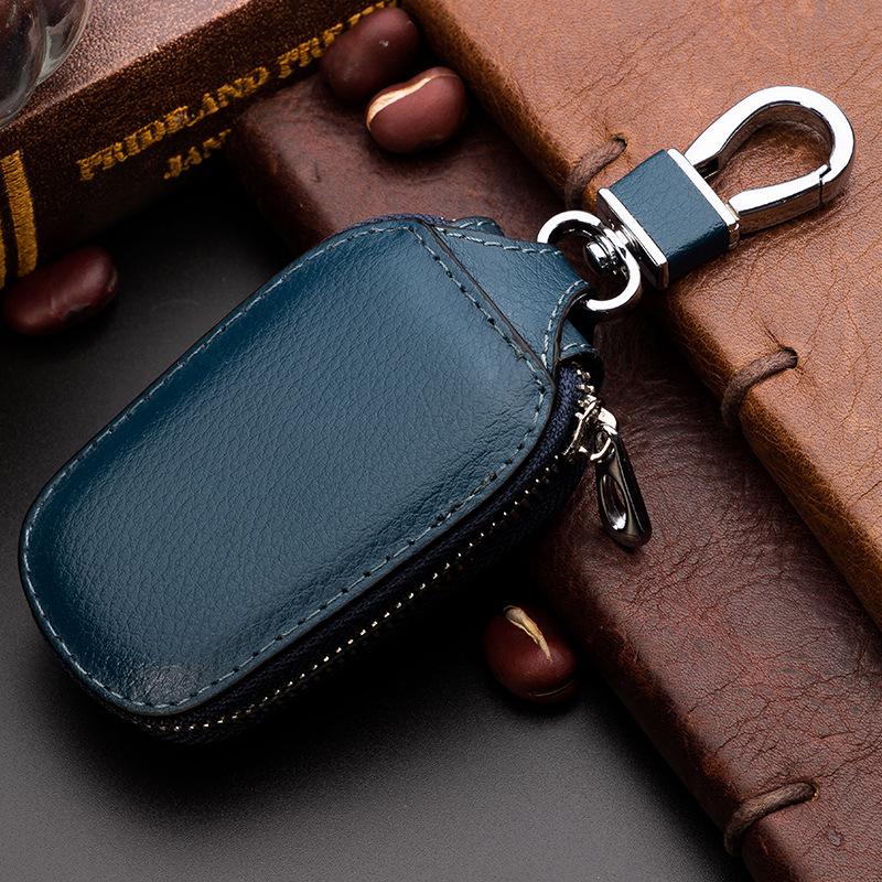 Men's Universal Cowhide Leather Car Key Case with Car Logo and Waist-Hanging Zipper