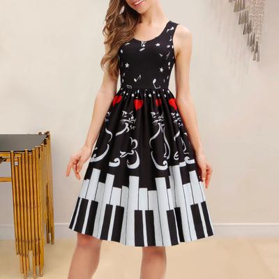 Damen Ärmelloses 1950er Vintage Kleid Notenblatt Druck Midi Kleid Retro Cocktail Swing Kleid A-Linie Abend Ballkleid für Teeparty