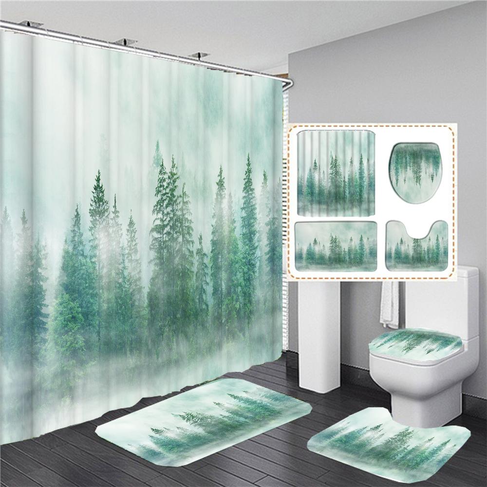 The Fog Of The Forest Landscape Shower Curtain Bathroom Accessories Partition Waterproof Polyester Bath Curtain Rugs And Mat Set