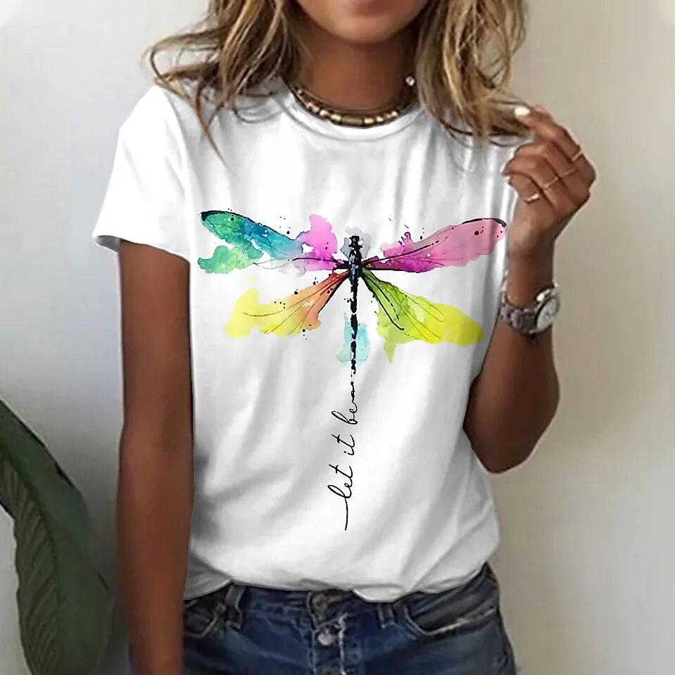 Damska koszulka 3d Dragonfly Printed Girls Top Street O-Neck z krótkim rękawem modna koszulka letnia codzienna koszulka dla kobiet