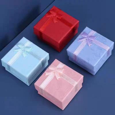 French Retro 4x4 Jewelry Box: Printed Faux Leather Paper Box with Woven Bow for Women's Rings.