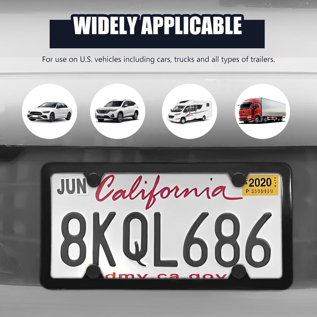 2 PCS Car License Plate Frames, 4 Holes Stainless Steel Auto Tag Holder with Screws Washers Caps, Rustproof Universal Front Rear License Plate Cover