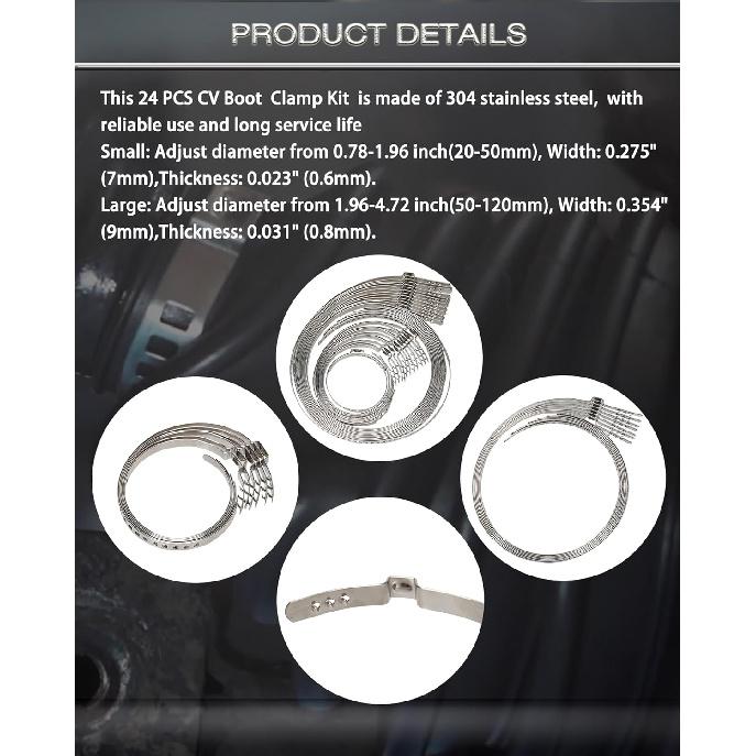 CV Boot Clamp Pliers Kit, Stainless Steel Universal Adjustable Axle CV Joint Boot Crimp Clamp Repair Tool Kit, 24Pcs (12Pcs Large+ 12Pcs Large)