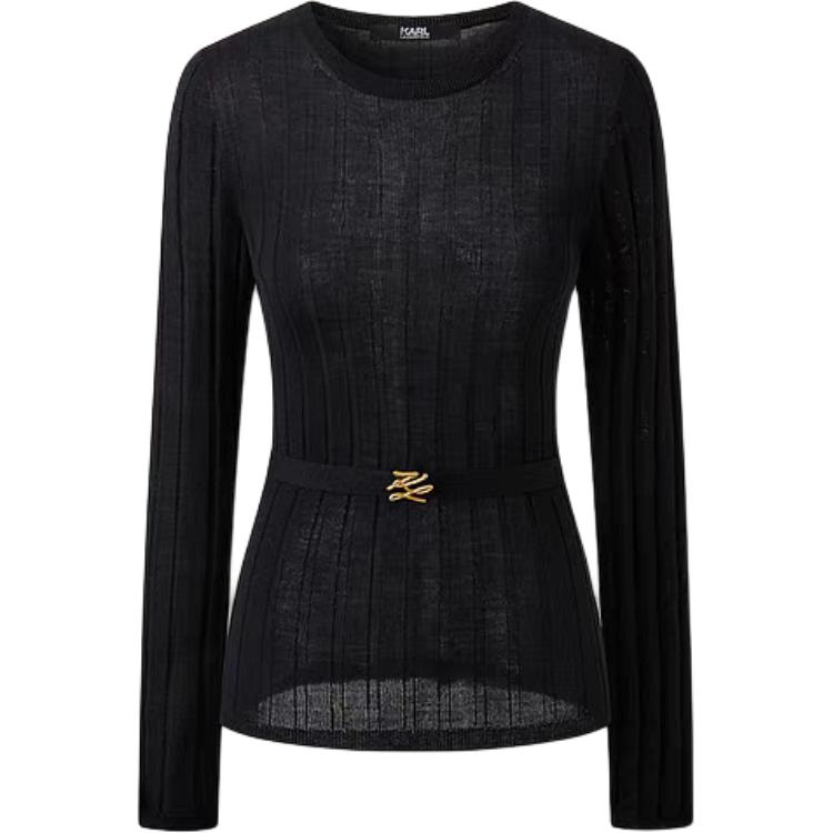 Karl Lagerfeld Outdoor Commuting Party Lightweight Solid Color Belted Round Neck Long Sleeve Sweater Women Sweater Black 241L2012