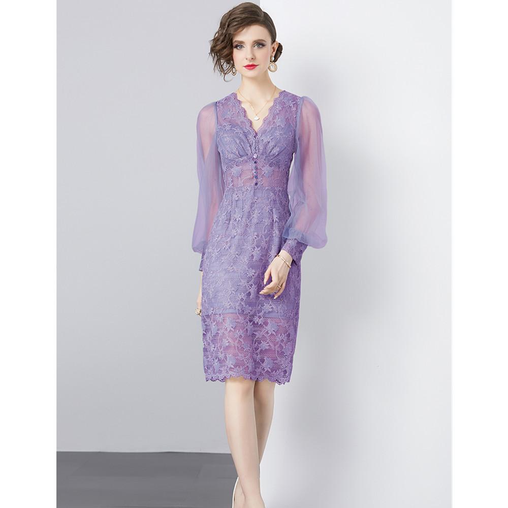 

Французское кружевное облегающее платье в стиле ретро, ​​женское короткое летнее платье с v-образным вырезом и прозрачной сеткой с пузырьковыми рукавами XXL фиолетовый