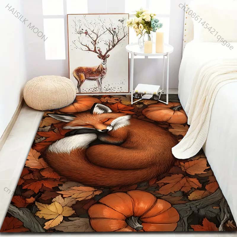 Fall Pumpkin Fox Printed Carpet for Bedroom Living Room Bedside Sofa Floor Mat Modern Home Decor Area Rug Large Size