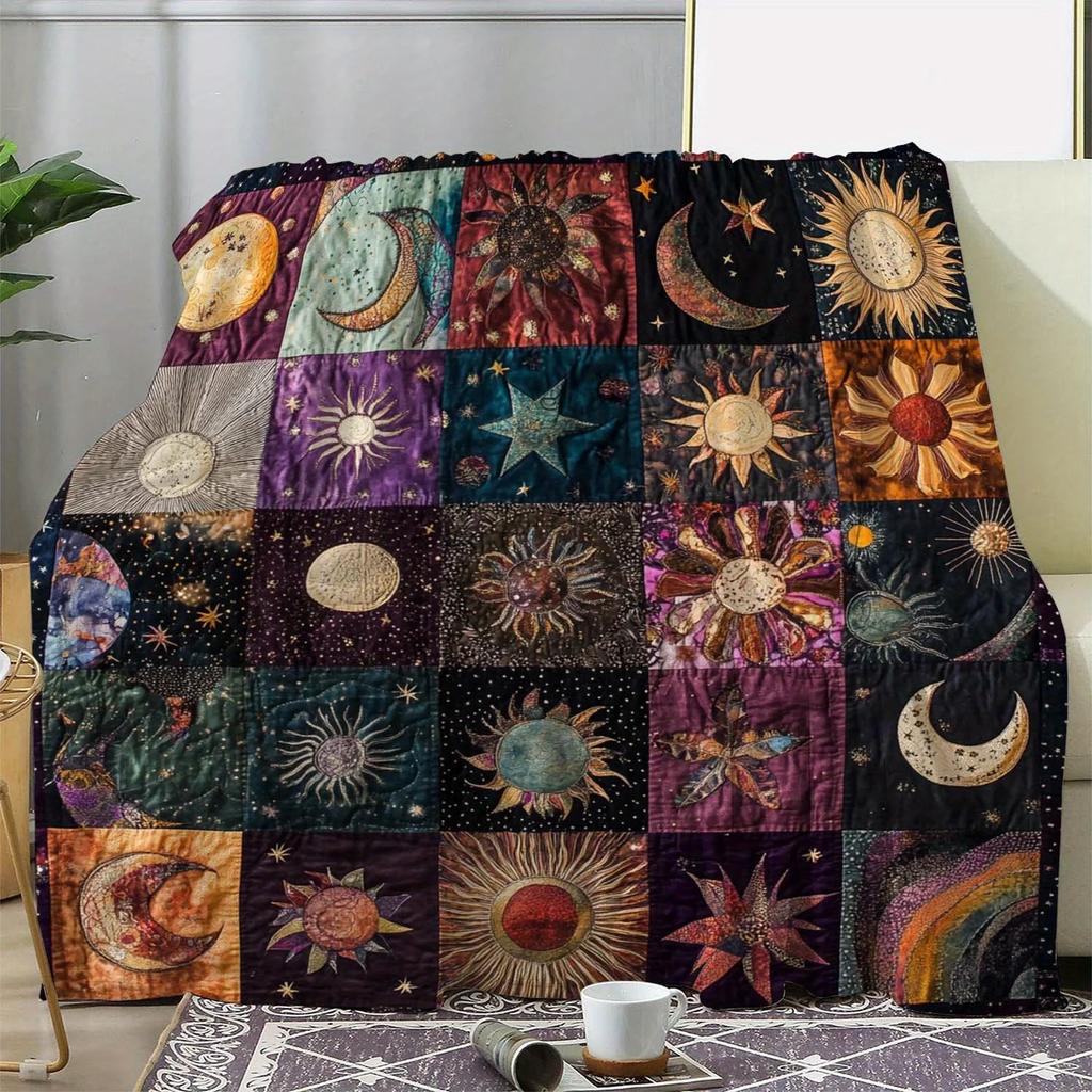 1 Stück Vintage Sonne und Mond Druck Flanelldecke Weich Gemütlich Ganzjahres Überwurf für Sofa Bett Büro Camping Geschenk für Jede Süße Decke